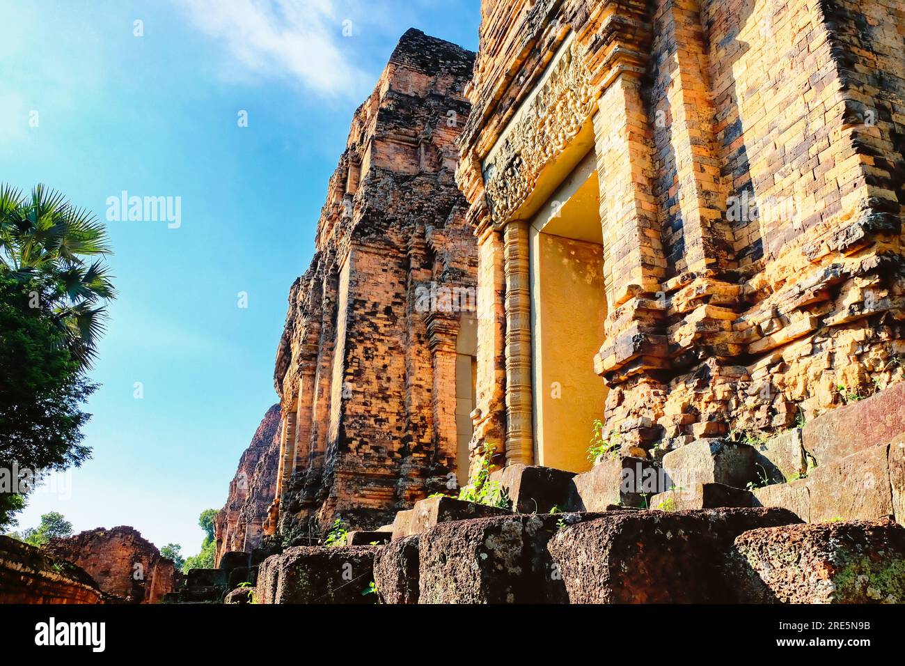 Brick and laterite masonry of the Khmer temple of Pre Rup, the wall of an ancient building. Stock Photo