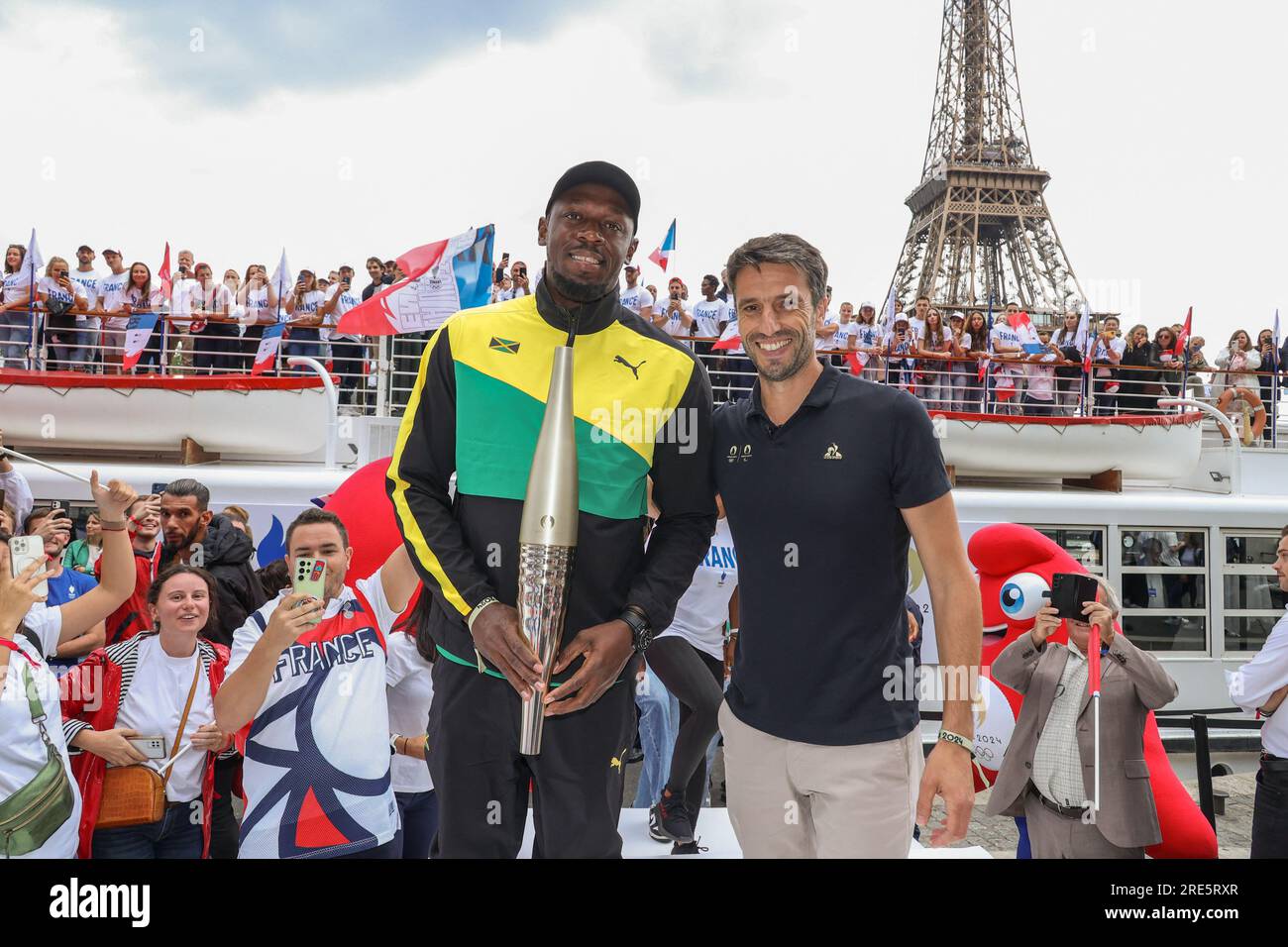 Paris, France. 25th July, 2023. Usain Bolt and Tony Estanguet