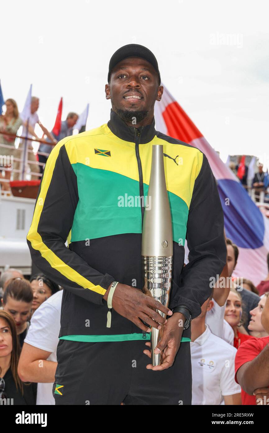 Paris, France. 25th July, 2023. Usain Bolt poses with the Paris 2024