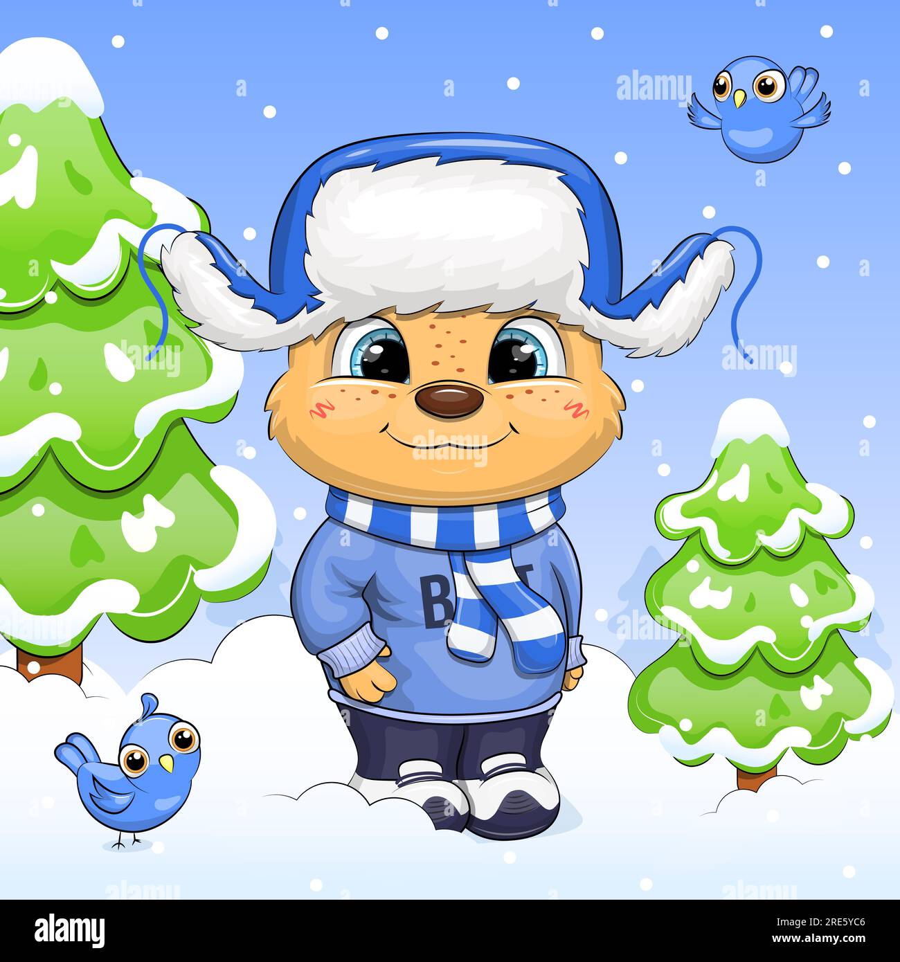 Cute cartoon bear in a blue hat with ear flaps in nature. Winter animal ...
