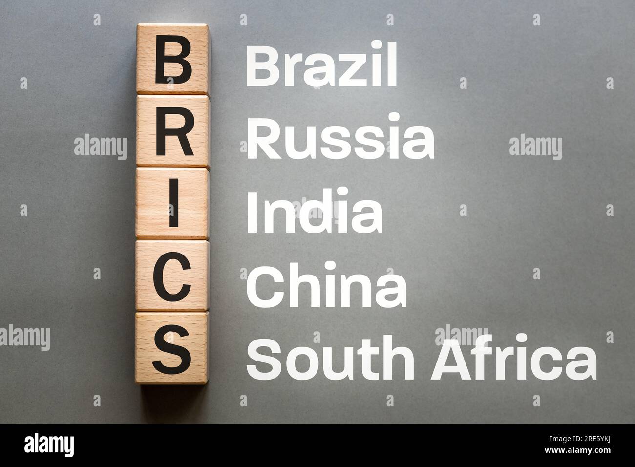 Wooden blocks arranged in the abbreviation BRICS an international alliance of countries, Brazil
