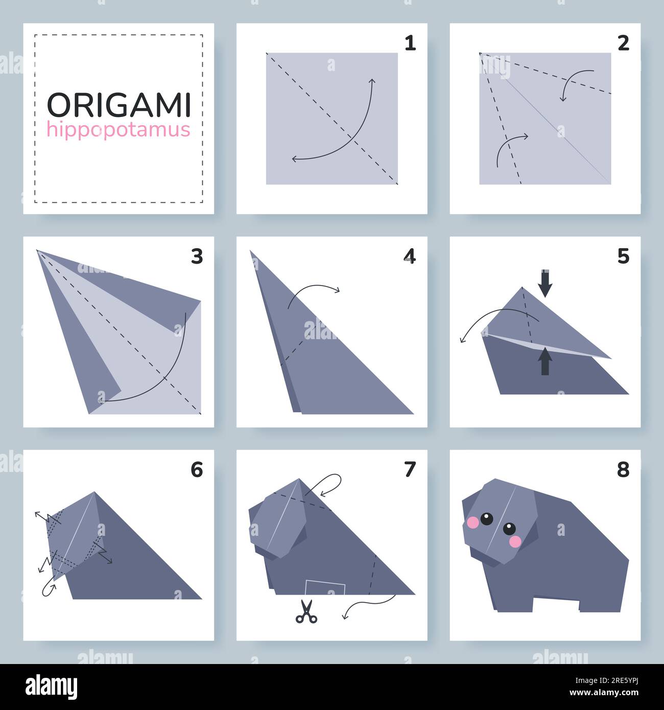 Origami tutorial for kids. Origami hippopotamus. Stock Vector