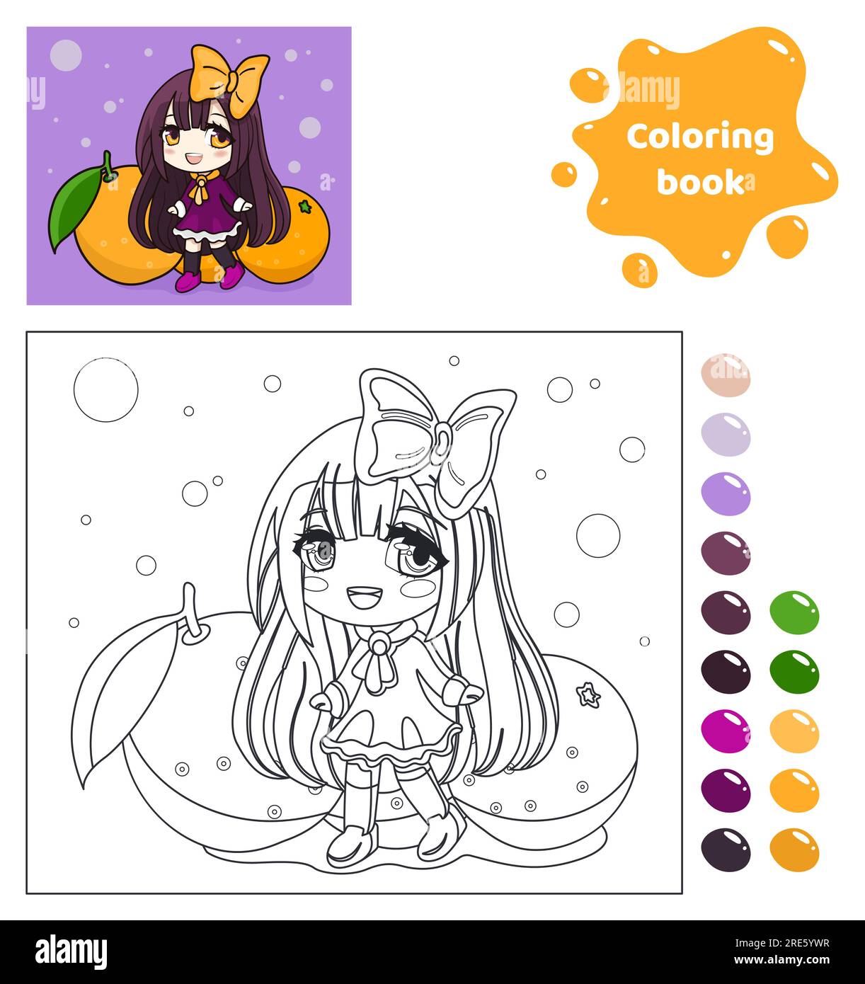 Coloring book for kids. Anime girl with oranges. Stock Vector