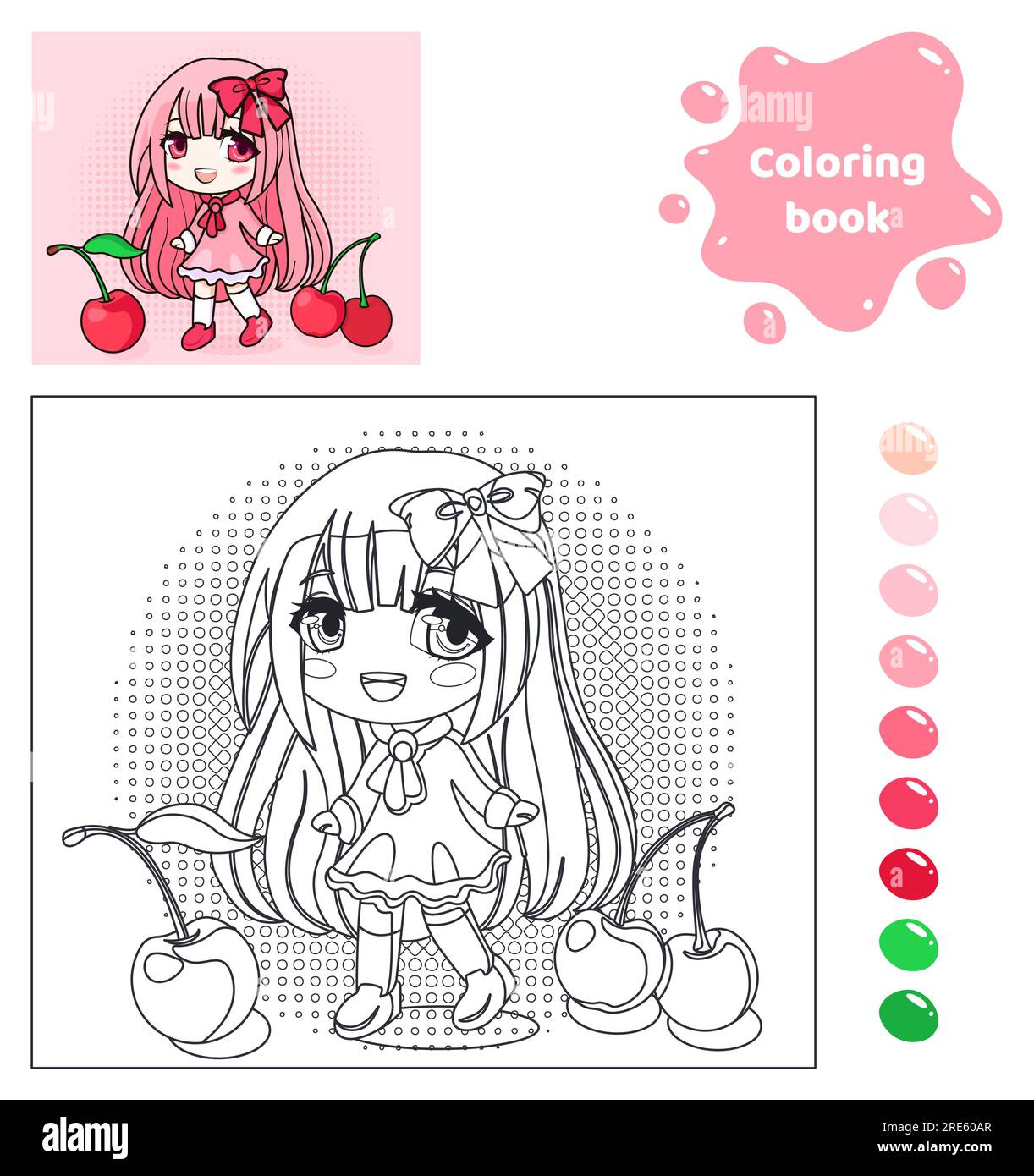 Coloring book for kids. Anime girl with cherries. Stock Vector