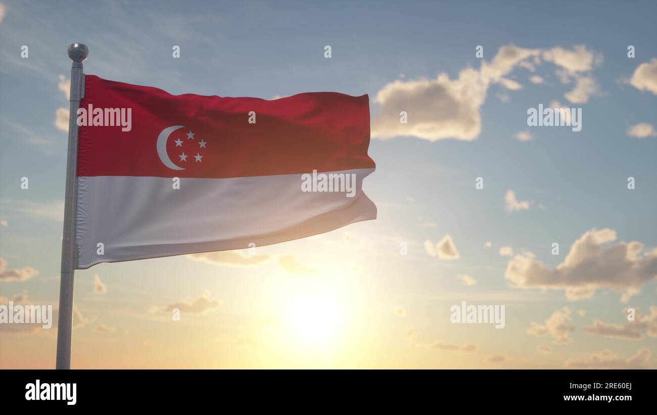 Flag of Singapore waving in the wind against deep beautiful sky at ...