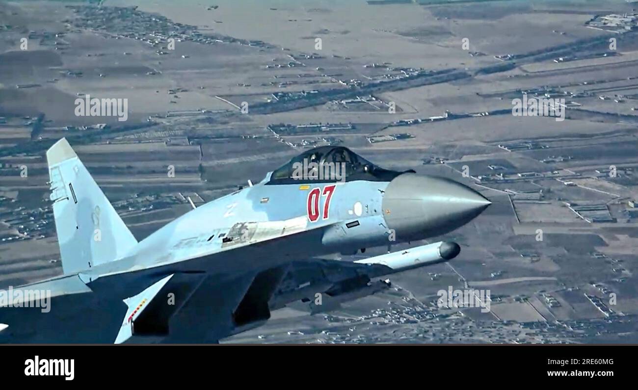 Undisclosed, Syria. 23rd July, 2023. Undisclosed, Syria. 23 July, 2023. A Russian Federation Air Force Sukhoi Su-35 Flanker-E fighter aircraft flies dangerously close to a U.S. MQ-9 Reaper, July 23, 2023 in Syria. The aircraft later fired flares that struck the MQ-9, severely damaging the propeller. Credit: USAF/US Air Force Photo/Alamy Live News Stock Photo