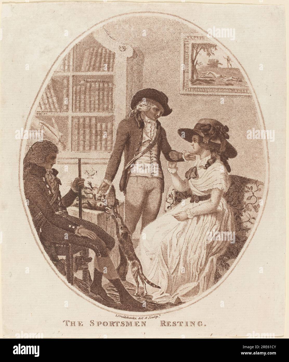 'Isaac Cruikshank, The Sportsmen Resting, stipple etching in brown ink on laid paper, sheet (cut within platemark): 19.2 x 16.5 cm (7 9/16 x 6 1/2 in.), Gift of A. Thompson Ellwanger III, 2000.175.3' Stock Photo