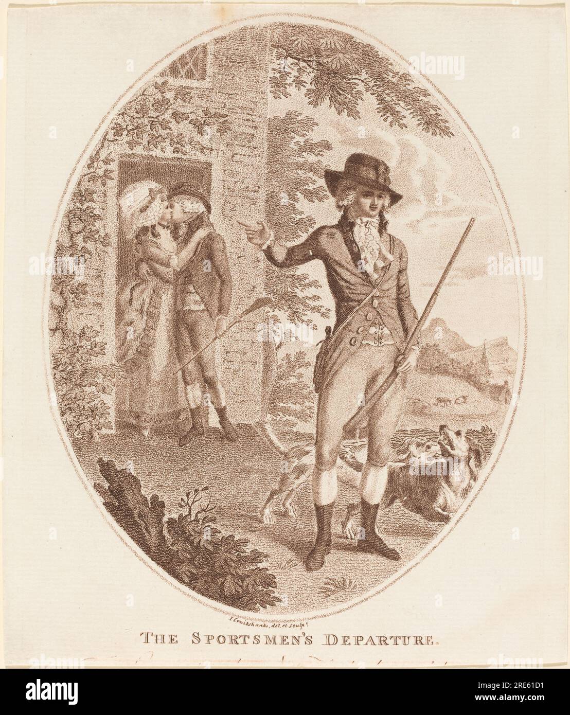 'Isaac Cruikshank, The Sportsmen's Departure, stipple etching in brown ink on laid paper, sheet (cut within platemark): 18.9 x 16 cm (7 7/16 x 6 5/16 in.), Gift of A. Thompson Ellwanger III, 2000.175.4' Stock Photo