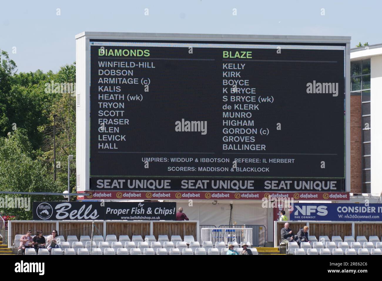 Chester le Street, 2 June 2023. The scoreboard showing the teams before a Charlotte Edwards Cup match between Northern Diamonds and The Blaze at Seat Unique Riverside. Credit: Colin Edwards Stock Photo