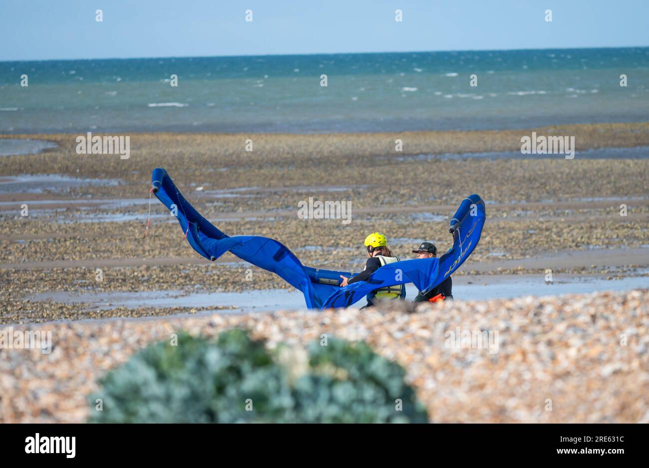 Kitesurfer or kite surfer struggling in wind on a beach carrying a large kite for kitesurfing on a windy Summer day at the seaside in England, UK. Stock Photo