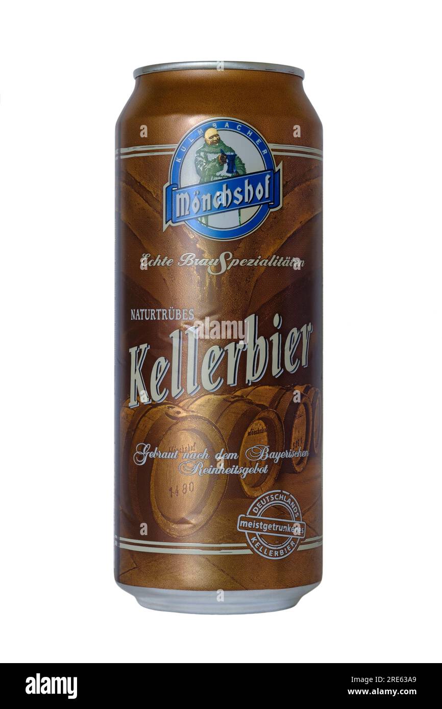 can of german monchshof kellerbier beer cut out on white background Stock Photo
