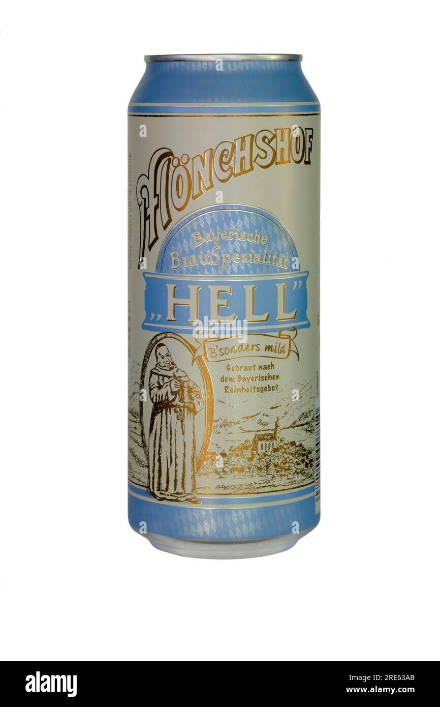 can of german honchshof hell lager beer cut out on white background Stock Photo