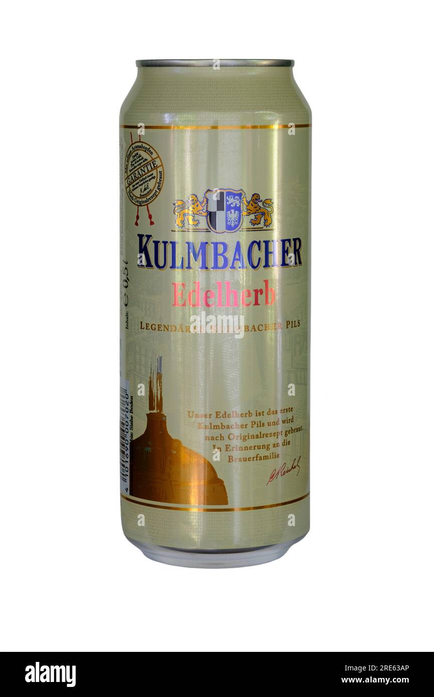 can of german kulmbacher edelherb pilsner lager beer cut out on white background Stock Photo