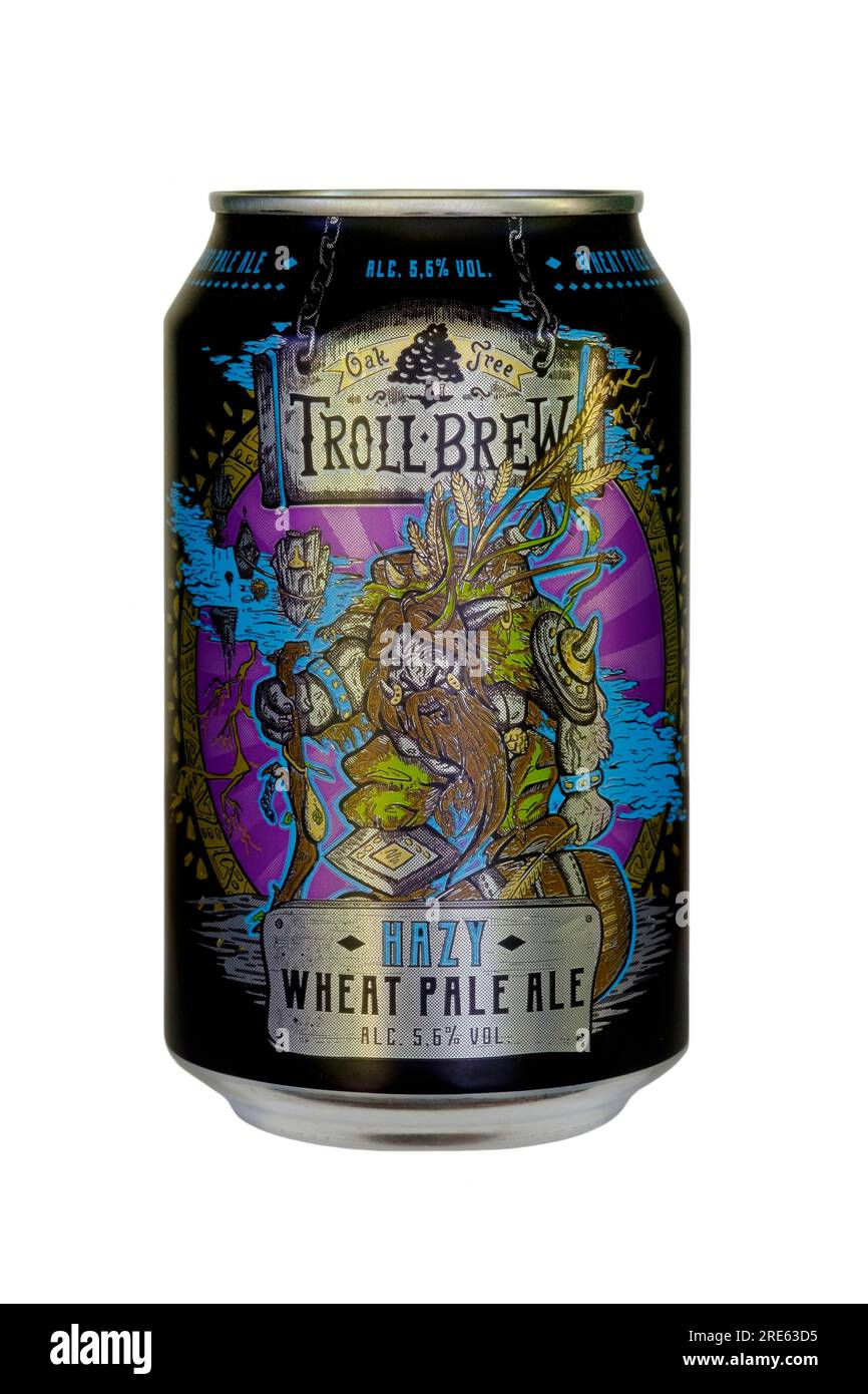can of oak tree troll brew hazy wheat pale ale cut out on white background Stock Photo