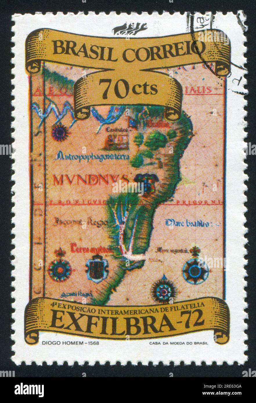 BRAZIL - CIRCA 1972: stamp printed by Brazil, shows  Map of Brazil, by Diego Homem, circa 1972 Stock Photo