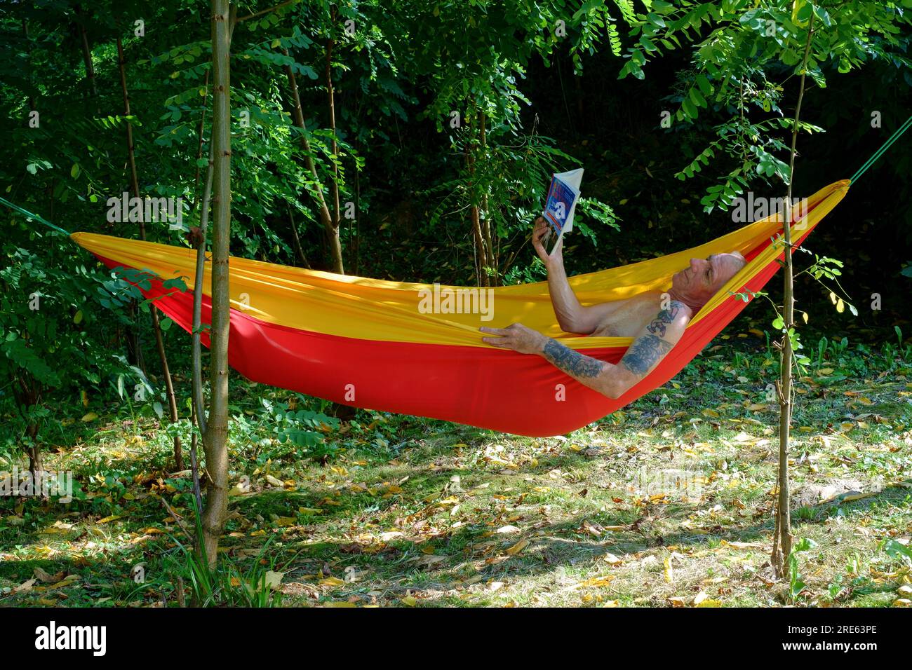 older man relaxing in garden hammock shaded by trees reading book zala county hungary Stock Photo