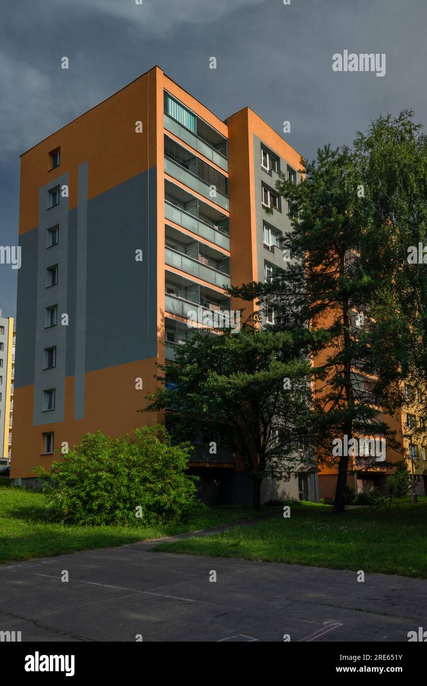 Color block of flats in summer sunny morning in Koprivnice town in Moravia Stock Photo