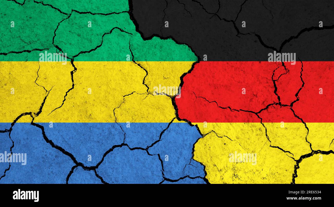 Flags of Gabon and Germany on cracked surface politics, relationship