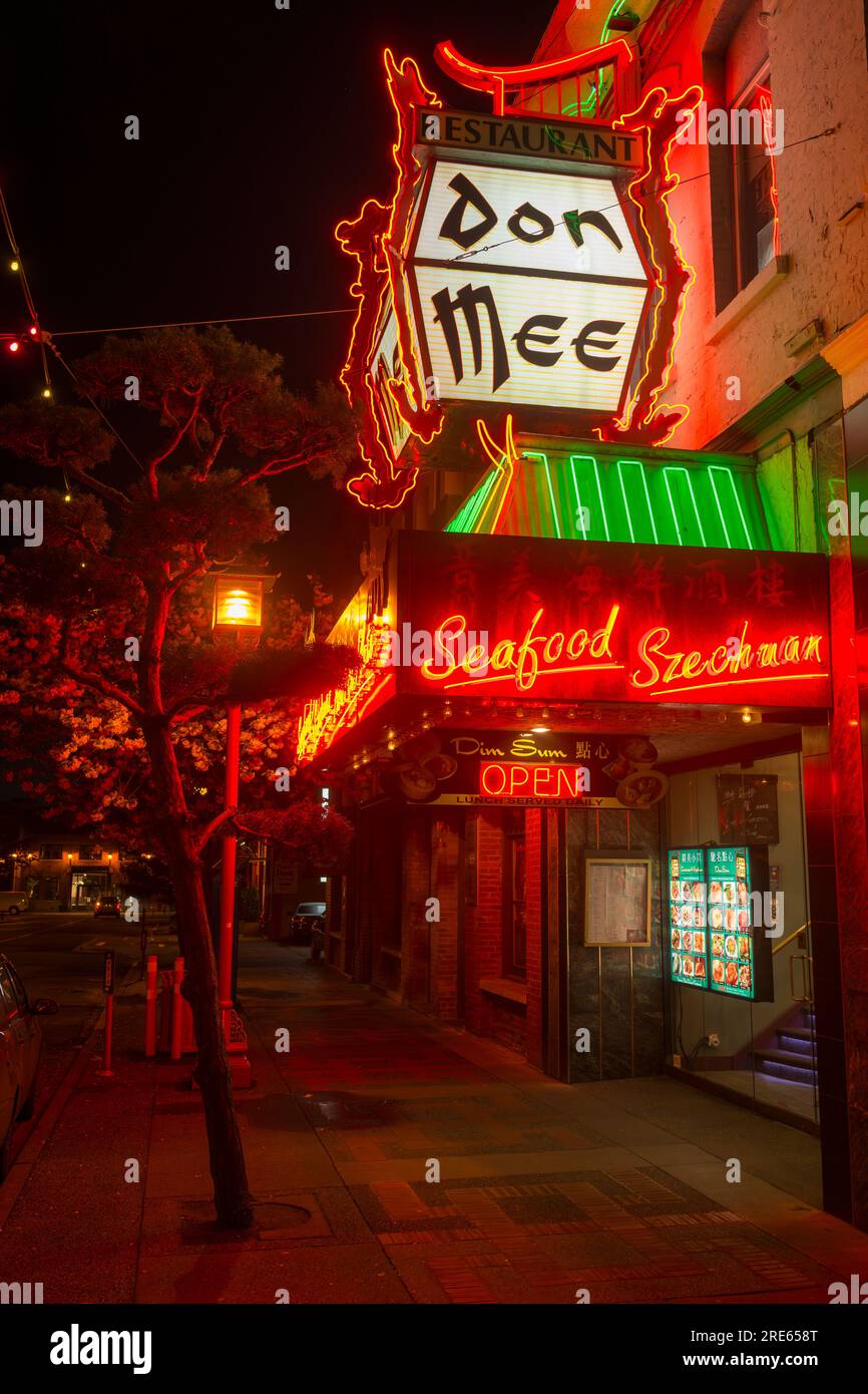 Colorful neon signs at a restaurant in Chinatown in Victoria, British Columbia, Canada. Stock Photo