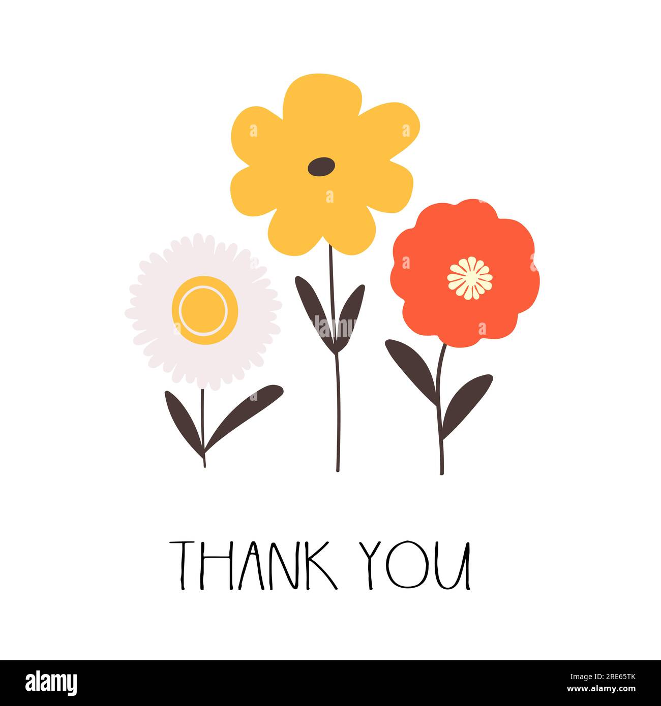 Thank you card with simple cute doodle flowers. Vector illustration Stock Vector