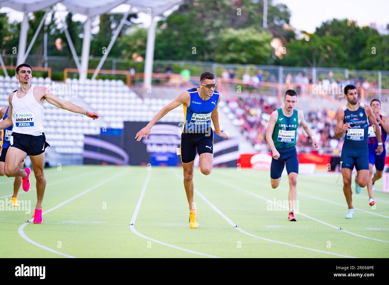 Dylan Borlee (C) competes against  (from L to R) Jonathan Borlee, Teo Andant, Christopher O'Donnel, Samuel Garcia, Lucas Bua in the men 400 metres sprint race final during the WACT/Europe Silver Athletics Meeting celebrated in Madrid at Vallehermoso stadium. Stock Photo