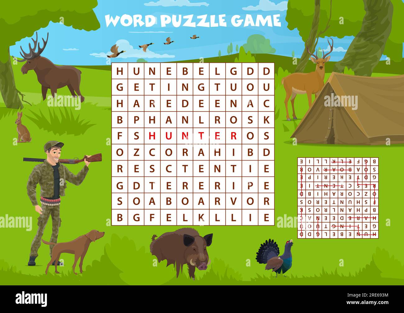 Word search puzzle game with hunting sport and animals, vector kids