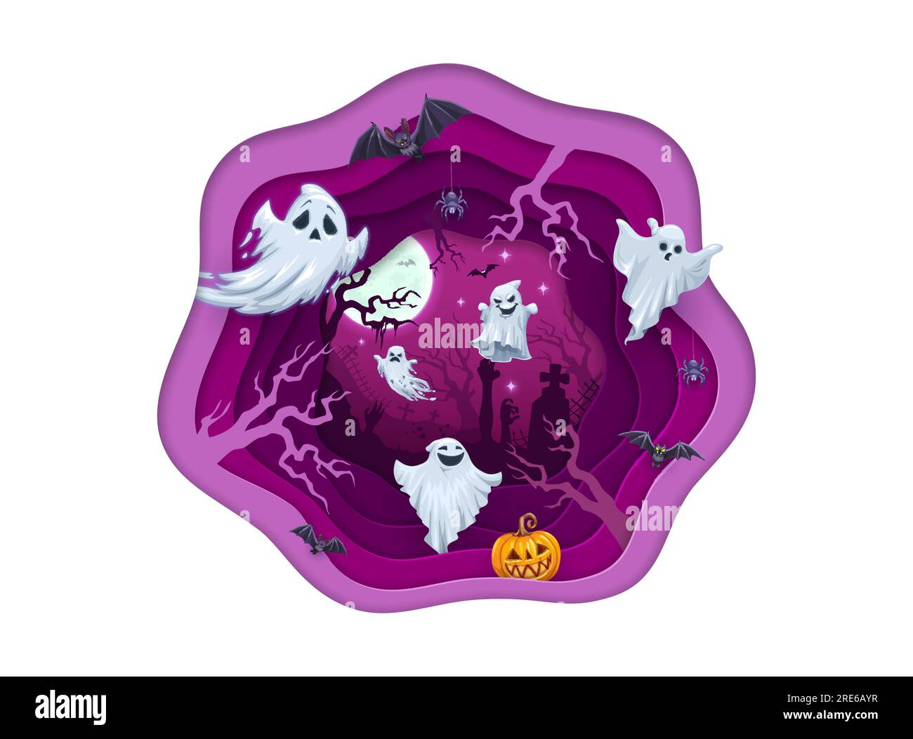 Halloween paper cut cartoon flying ghosts on cemetery. Vector horror