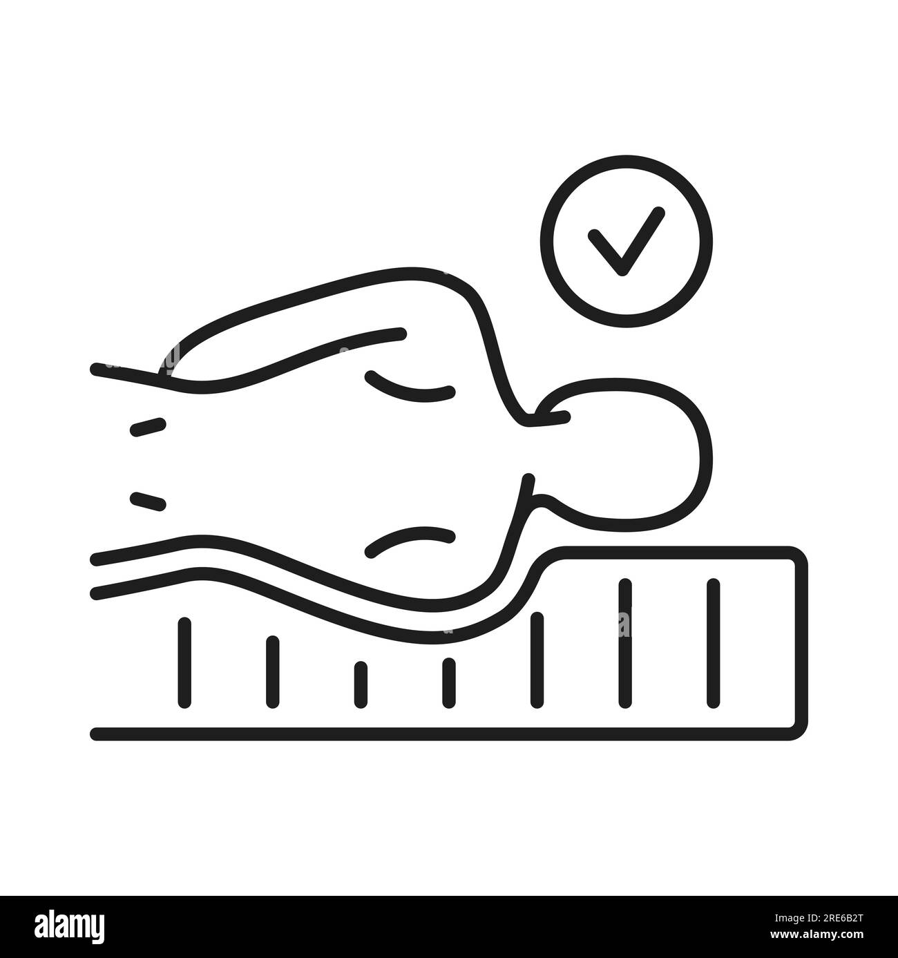Correct sleeping position, man laying on bed with check mark outline