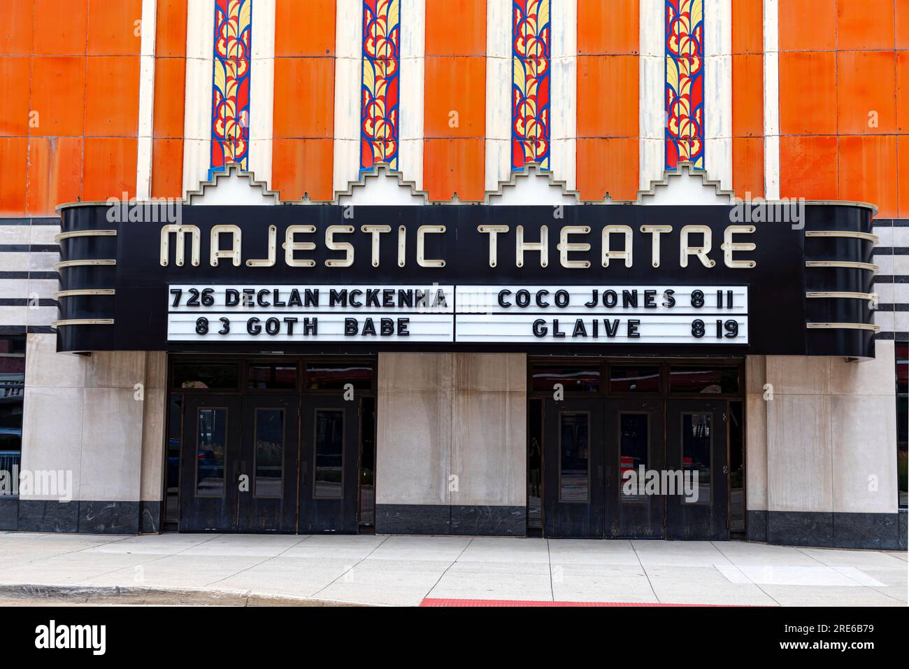 Majestic Theatre, an Art Deco theater on Woodward Avenue Detroit, the theatre is mainly a music venue. Detroit, Michigan, USA Stock Photo