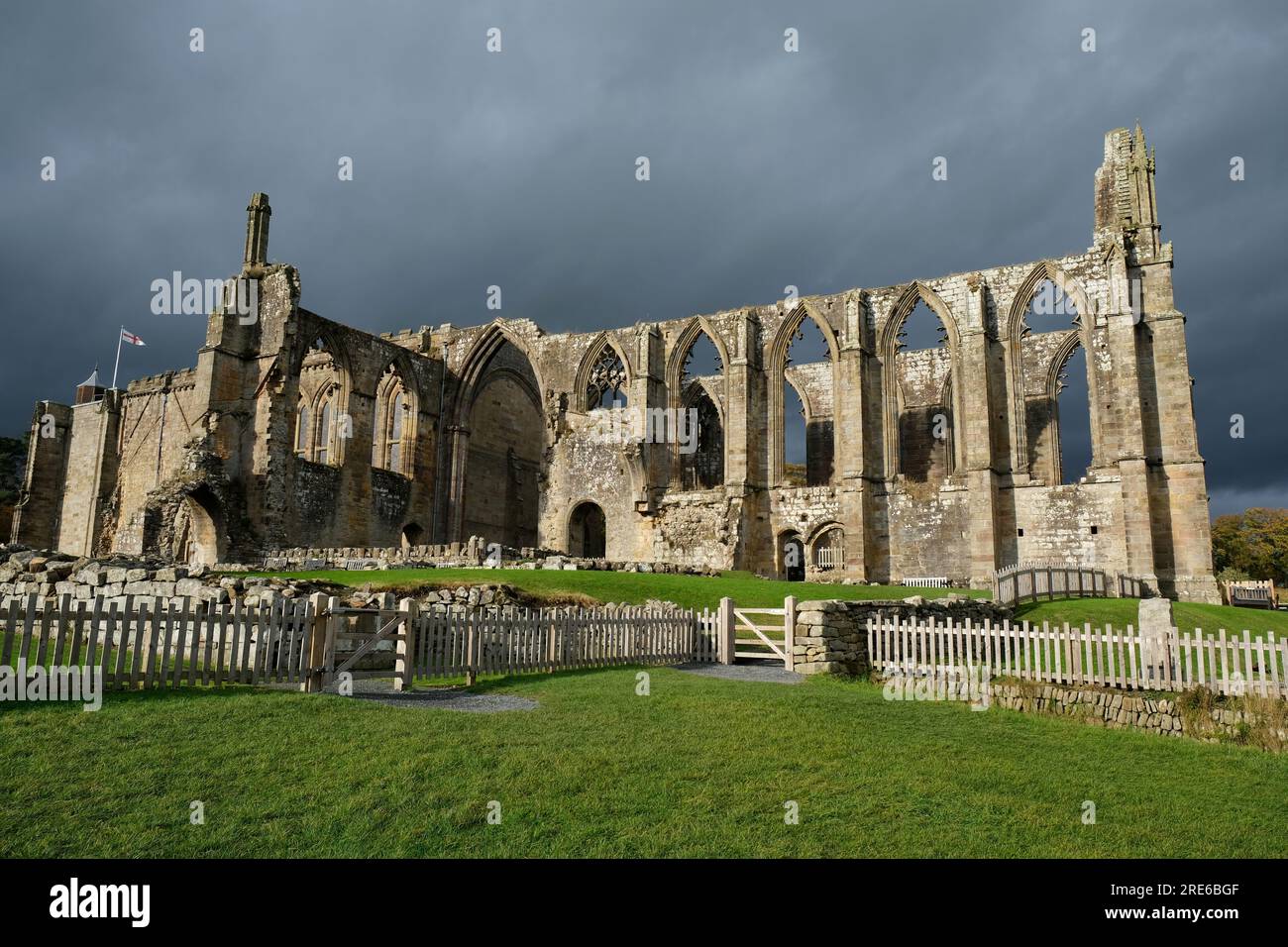 Sunshine on Bolton Abbey in the Yorkshire Dales national park on an overcast day Stock Photo