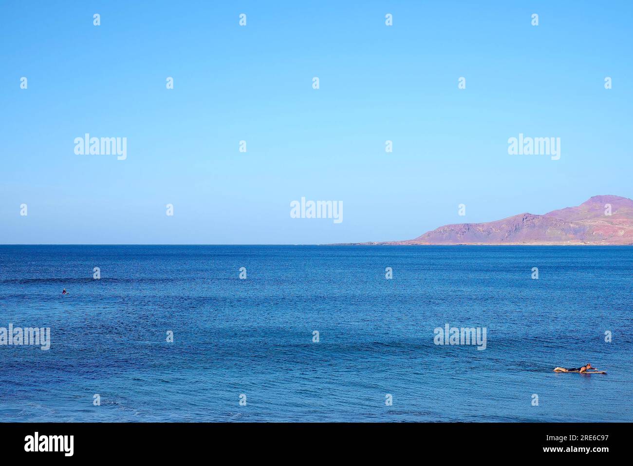 A surfer paddling the board and a vast empty blue ocean. Stock Photo