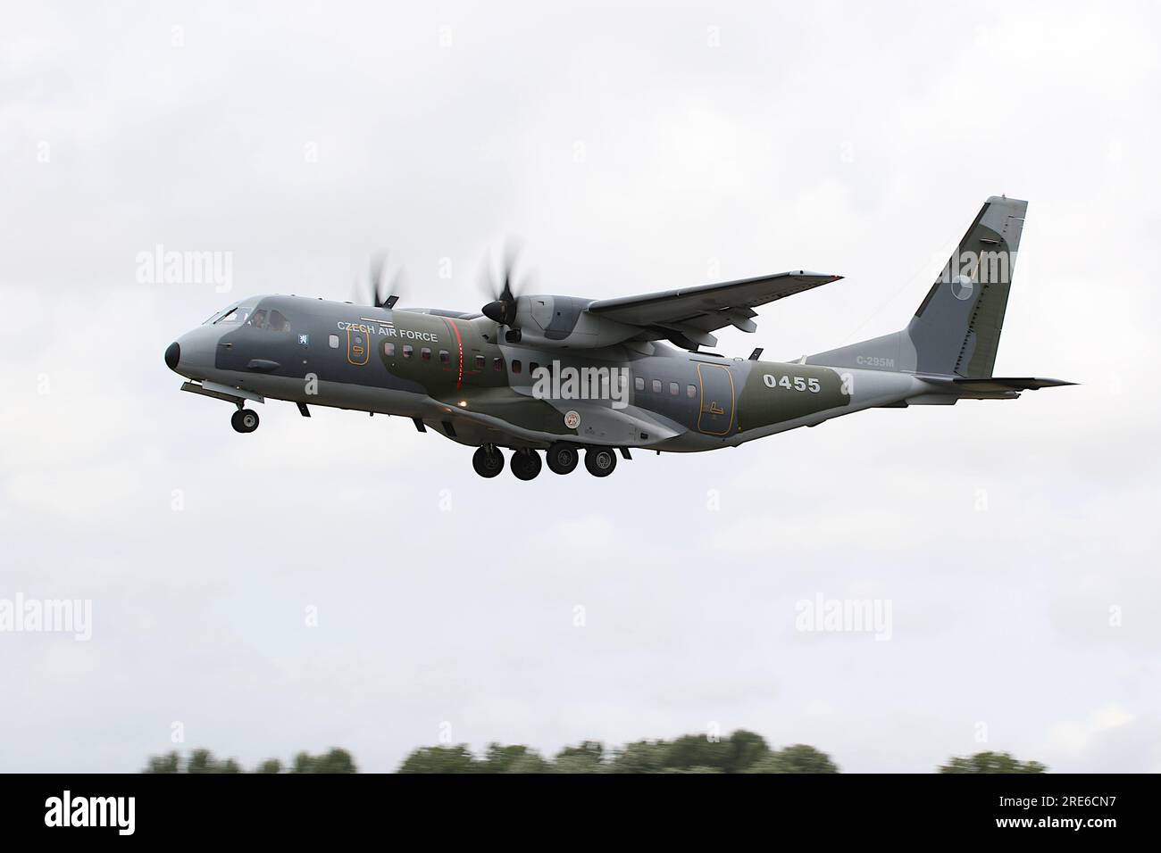 0455, a CASA C-295M transport aircraft operated by the Czech Air Force (CzAF), arriving at RAF Fairford in Gloucestershire, England to participate in the Royal International Air Tattoo 2023 (RIAT 2023). Stock Photo