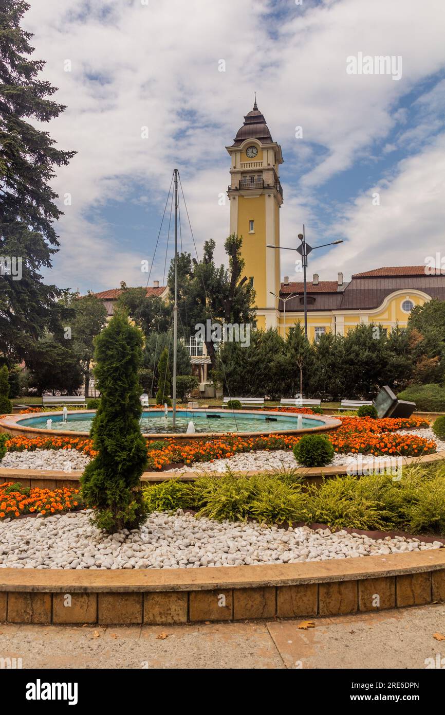Railway station behind Tsaritsa Yoanna square in Burgas, Bulgaria Stock Photo