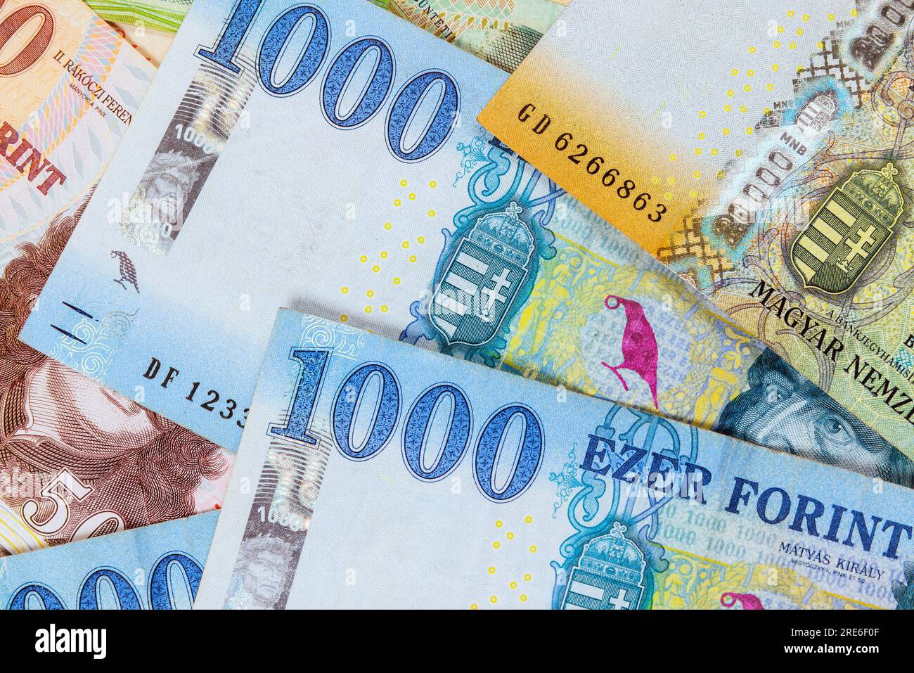 HUF cash of Hungarian forints, a different value currency. Stock Photo