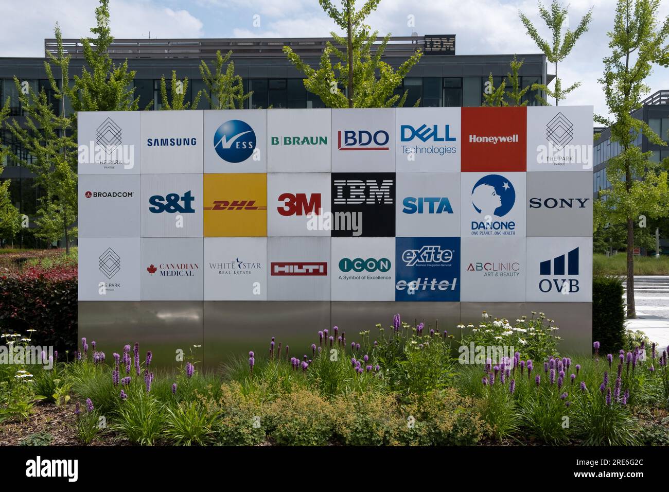 Prague,CZ -13 July 2023: Logo on signs near entrance to business center in Prague. Headquarters. Concept Corporation. EDITORIAL Stock Photo