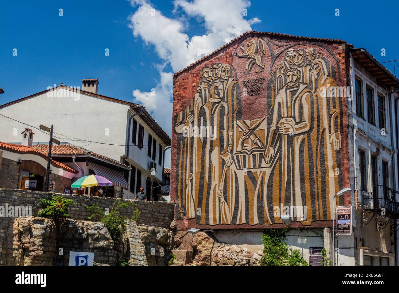 VELIKO TARNOVO, BULGARIA - JULY 26, 2019: Sgraffito on a house in Veliko Tarnovo town, Bulgaria Stock Photo