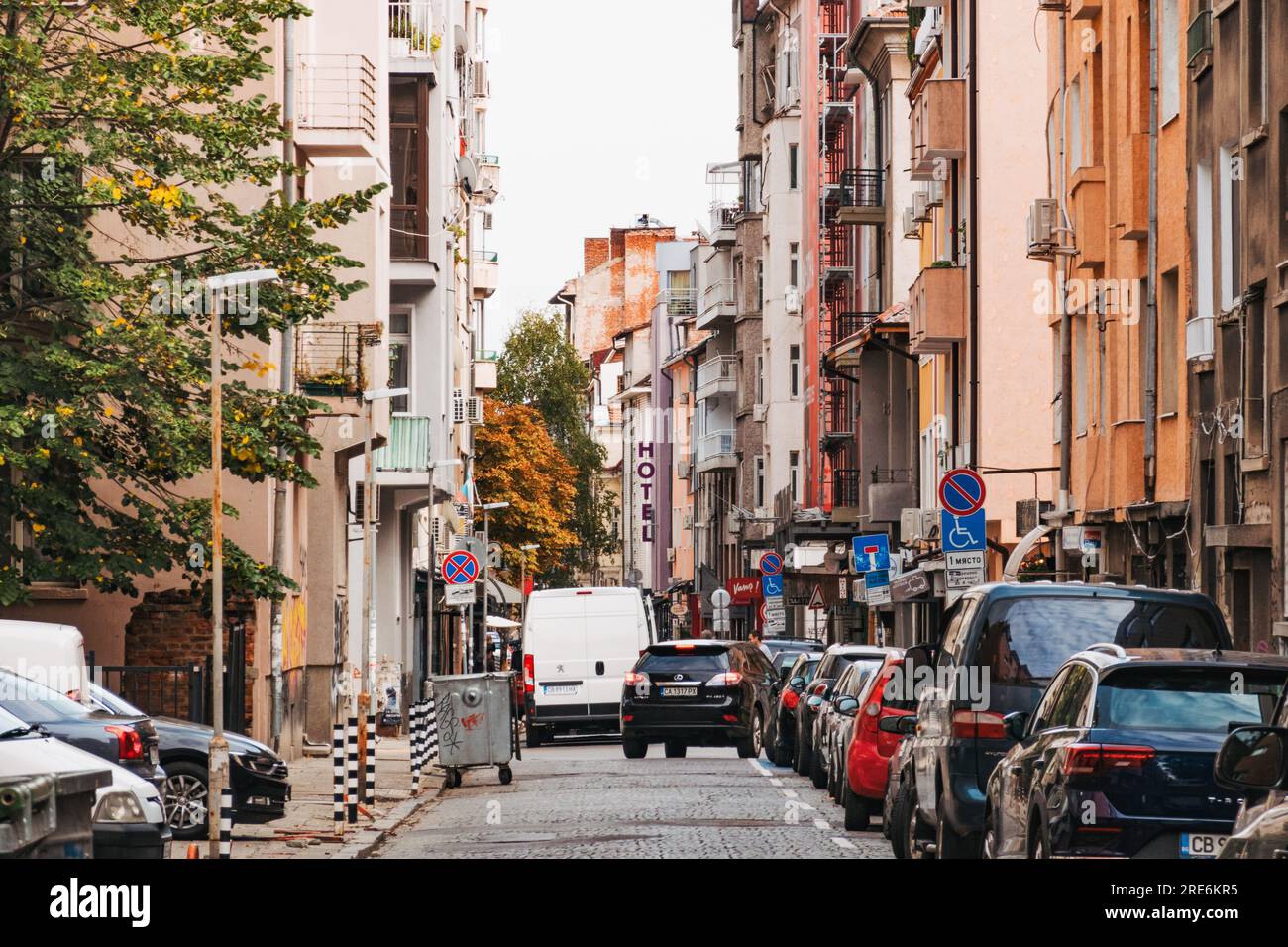 a congested narrow street in Sofia, Bulgaria Stock Photo