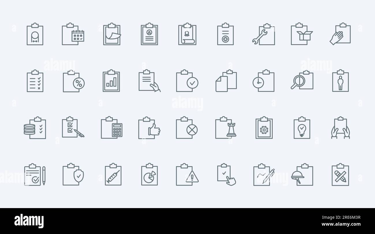 Documents on clipboards, thin line icons set vector illustration