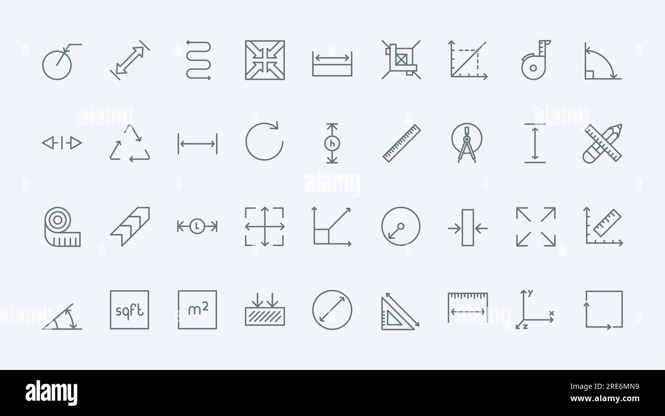 Dimension, area and measure thin black line icons set vector