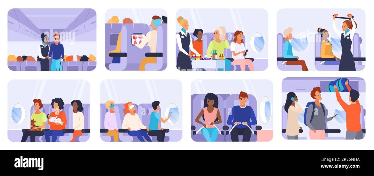 Passengers travel by plane vector illustration, featuring isolated cartoon scenes of people seated inside an airplane cabin, with the stewardess and crew offering service and airline instructions. Stock Vector