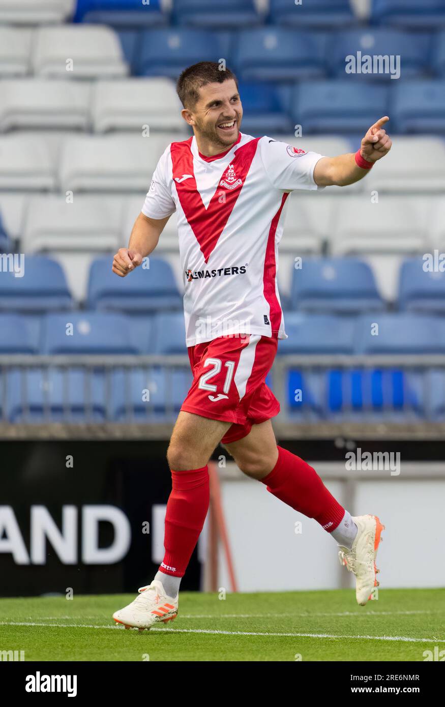 Caledonian Stadium, Inverness, UK. 25th July, 2023. This is from the Viaplay Cup tie between Inverness Caledonian Thistle FC (ICT) and Airdrieonians FC. PICTURE CONTENT:- Airdrie - Charles Telfer celebrates a Goal Credit: JASPERIMAGE/Alamy Live News Stock Photo