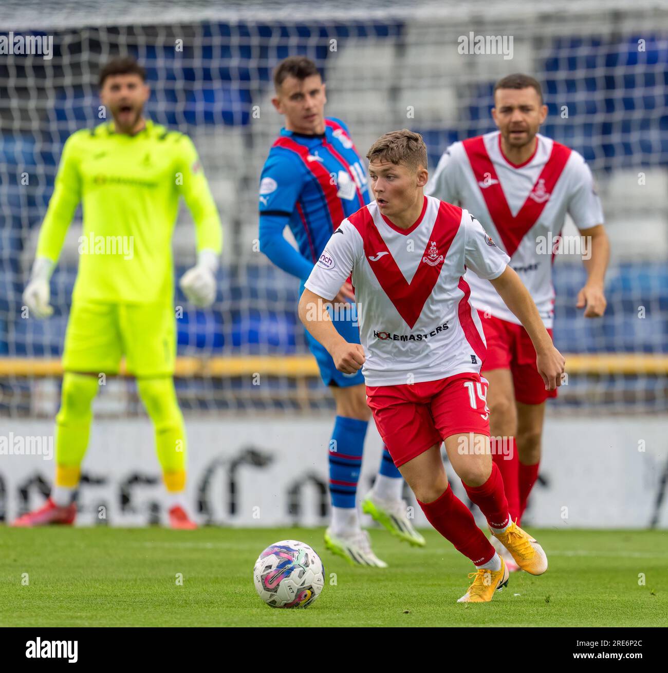 Caledonian Stadium, Inverness, UK. 25th July, 2023. This is from the Viaplay Cup tie between Inverness Caledonian Thistle FC (ICT) and Airdrieonians FC. PICTURE CONTENT:- Airdrie - Dean Mc<aster Credit: JASPERIMAGE/Alamy Live News Stock Photo