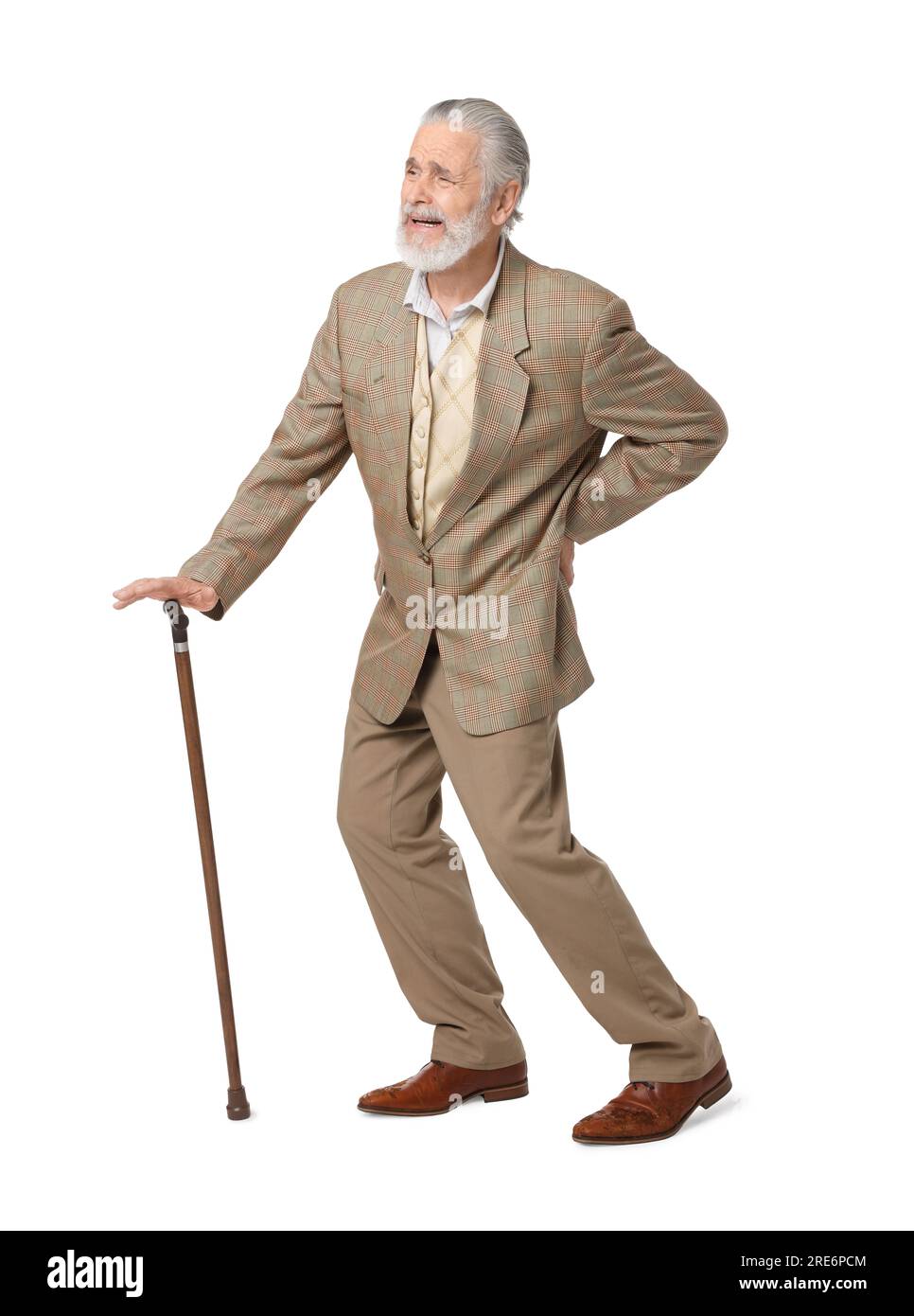Senior man with walking cane suffering from back pain on white ...