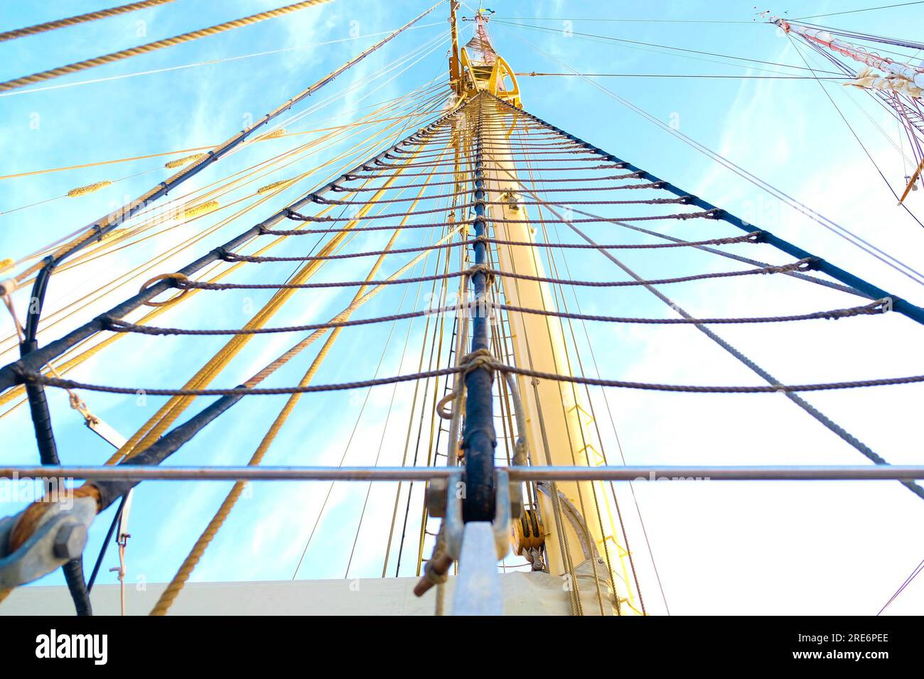 Ratlines (lines used to climb up the mast), mast and rigging of a