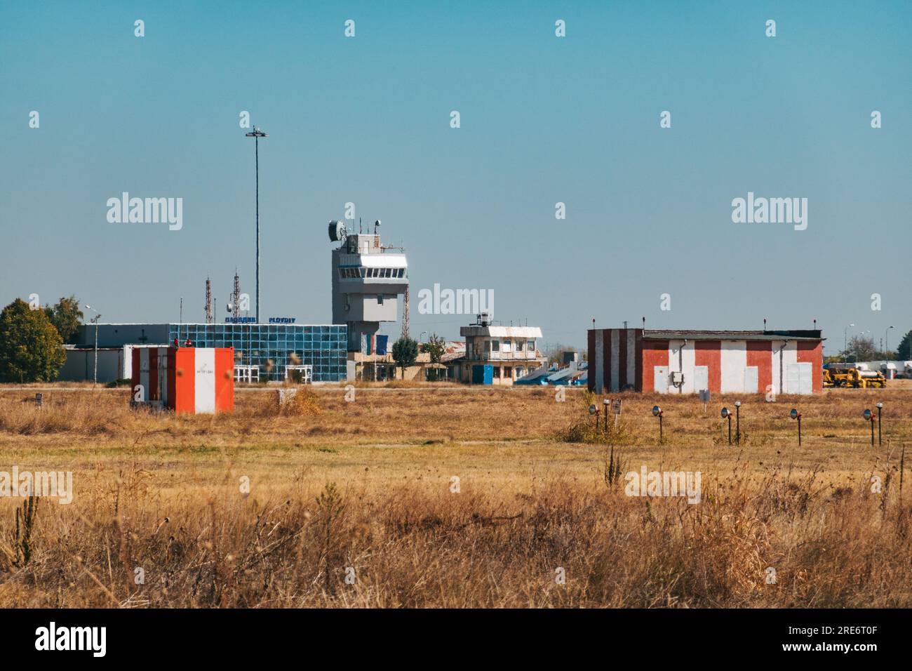 the control tower and radar equipment housing at Plovdiv Airport, Bulgaria Stock Photo