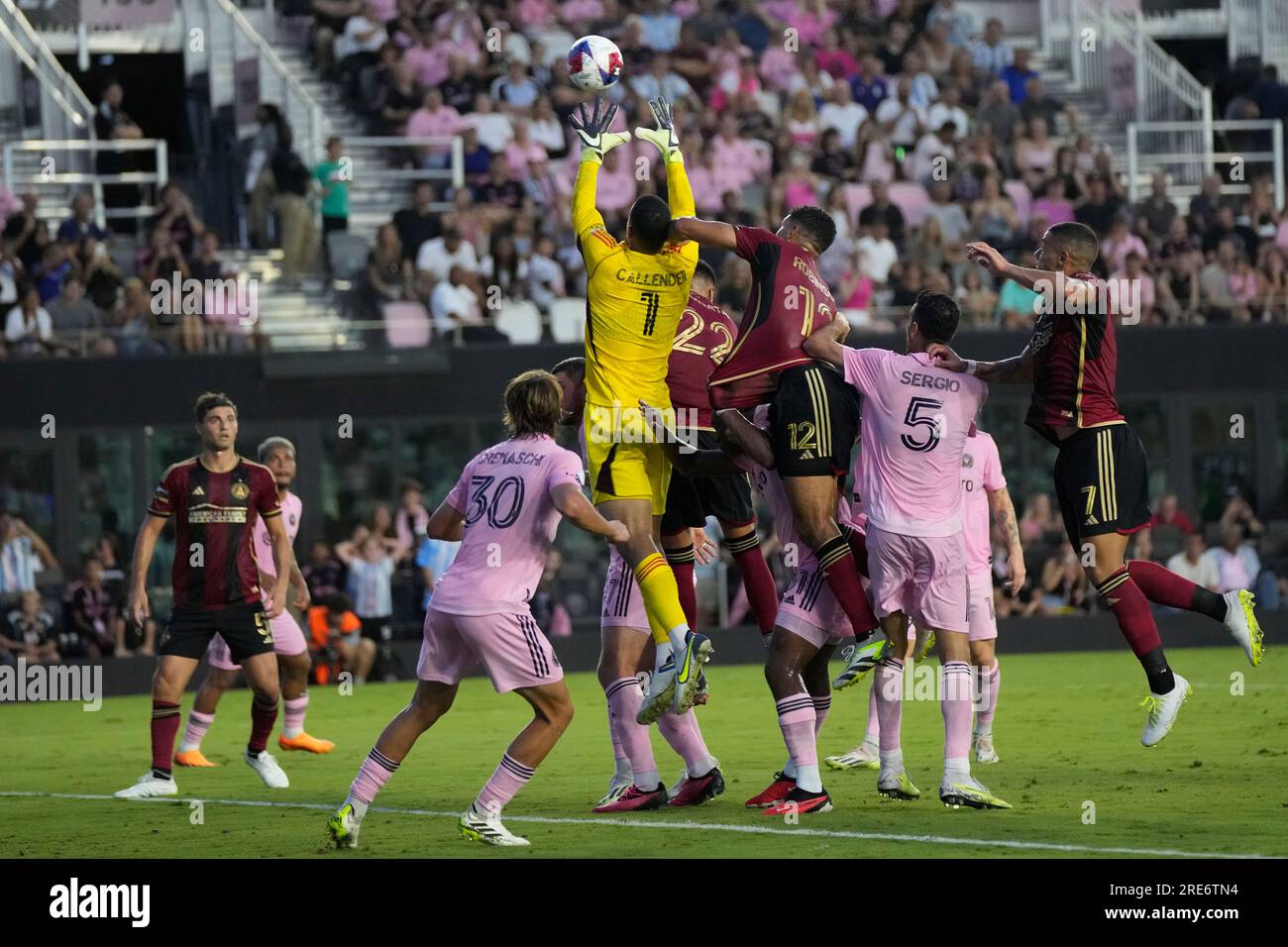 Inter Miami goalkeeper Drake Callender (1) grabs the ball near the goal