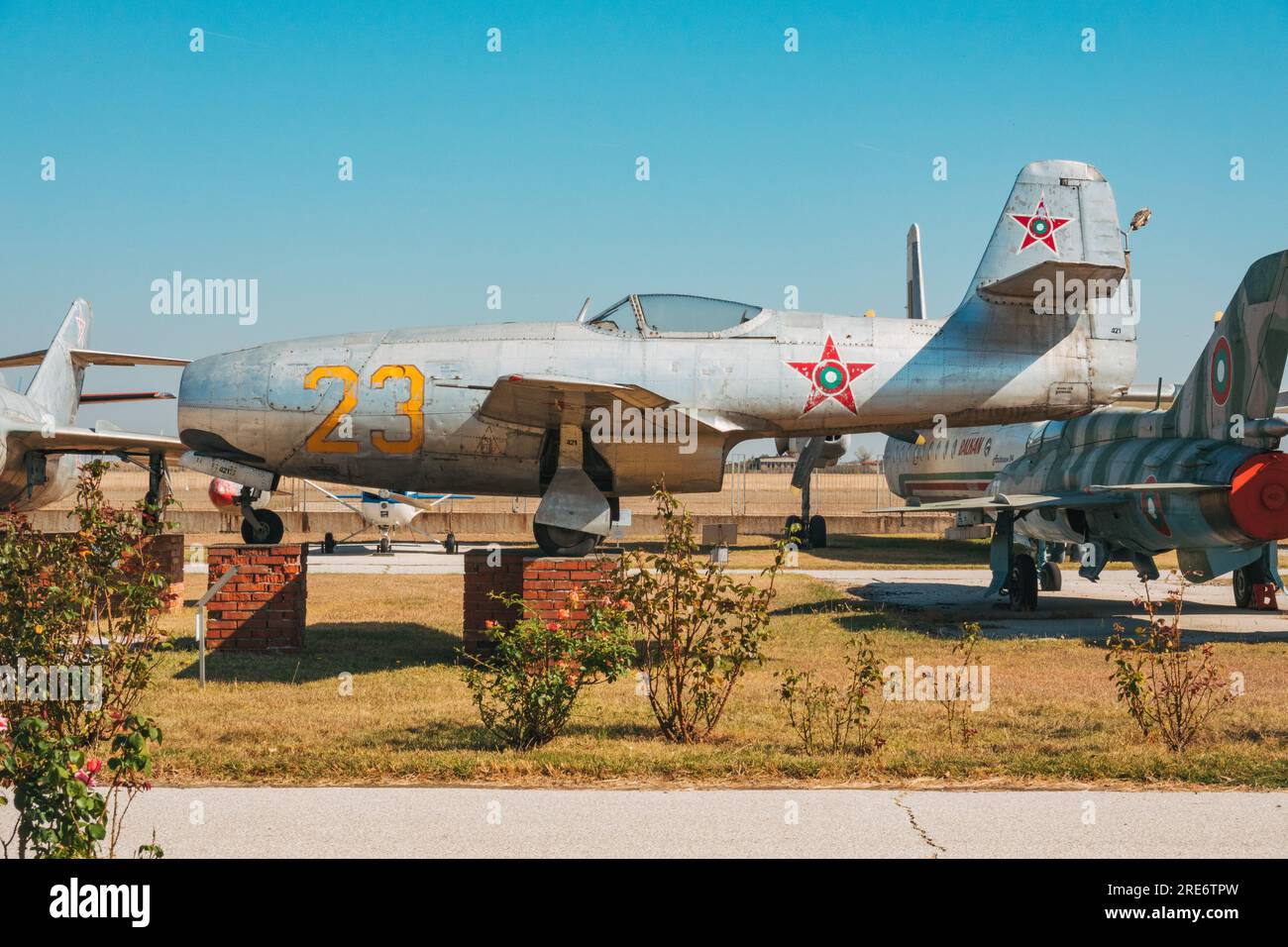 an historic Yakovlev Yak-23 fighter jet at the Museum of Aviation at Plovdiv Airport, Bulgaria Stock Photo