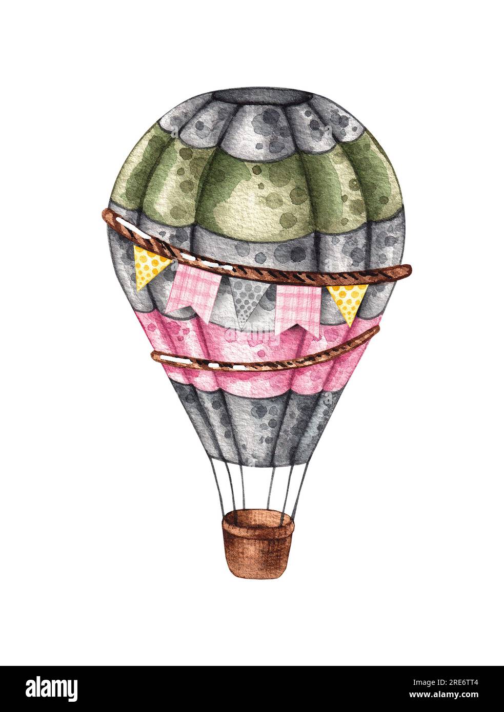 Watercolor hot air balloon hand-drawn. Aircraft isolated on white background. Fabulous illustration for design cards, invitations, fabric stickers, wa Stock Photo