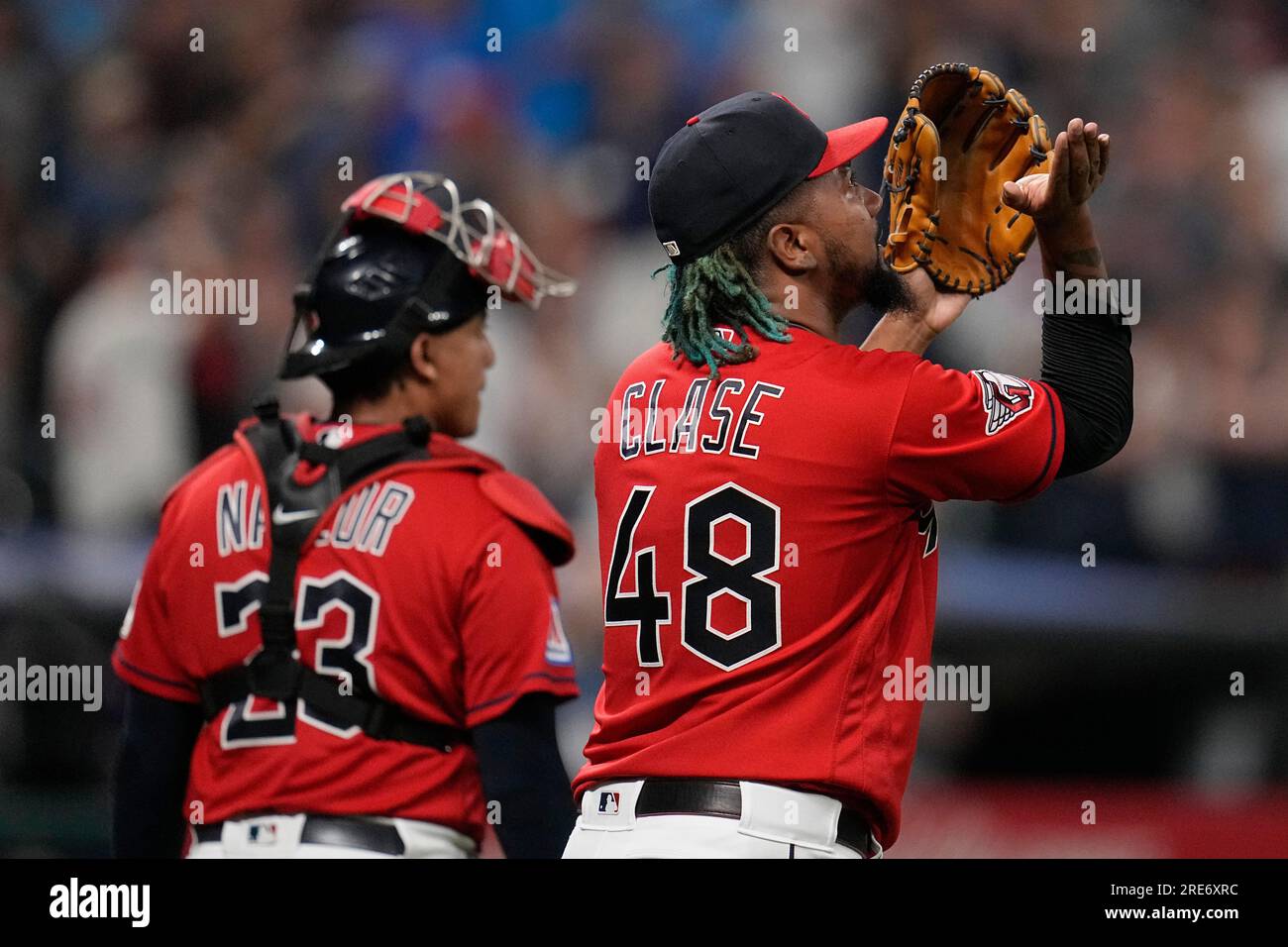Cleveland Guardians relief pitcher Emmanuel Clase (48) celebrates after