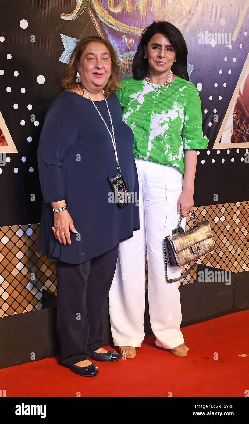 Mumbai, India. 25th July, 2023. L-R Rima Jain (youngest daughter of late Bollywood actor Raj Kapoor) and Bollywood actress Neetu Kapoor pose for a photo at the screening of the upcoming film 'Rocky Aur Rani Kii Prem Kahaani' in Mumbai. The film will be released in theatres on 28th July 2023. (Photo by Ashish Vaishnav/SOPA Images/Sipa USA) Credit: Sipa USA/Alamy Live News Stock Photo